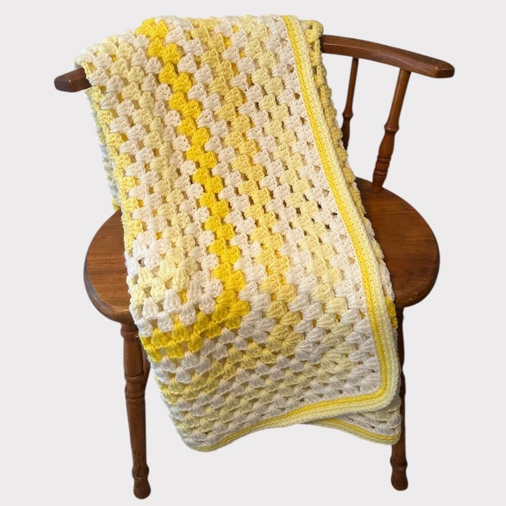 Handmade Crochet Yellow White Baby Blanket Afghan 44" x 46"